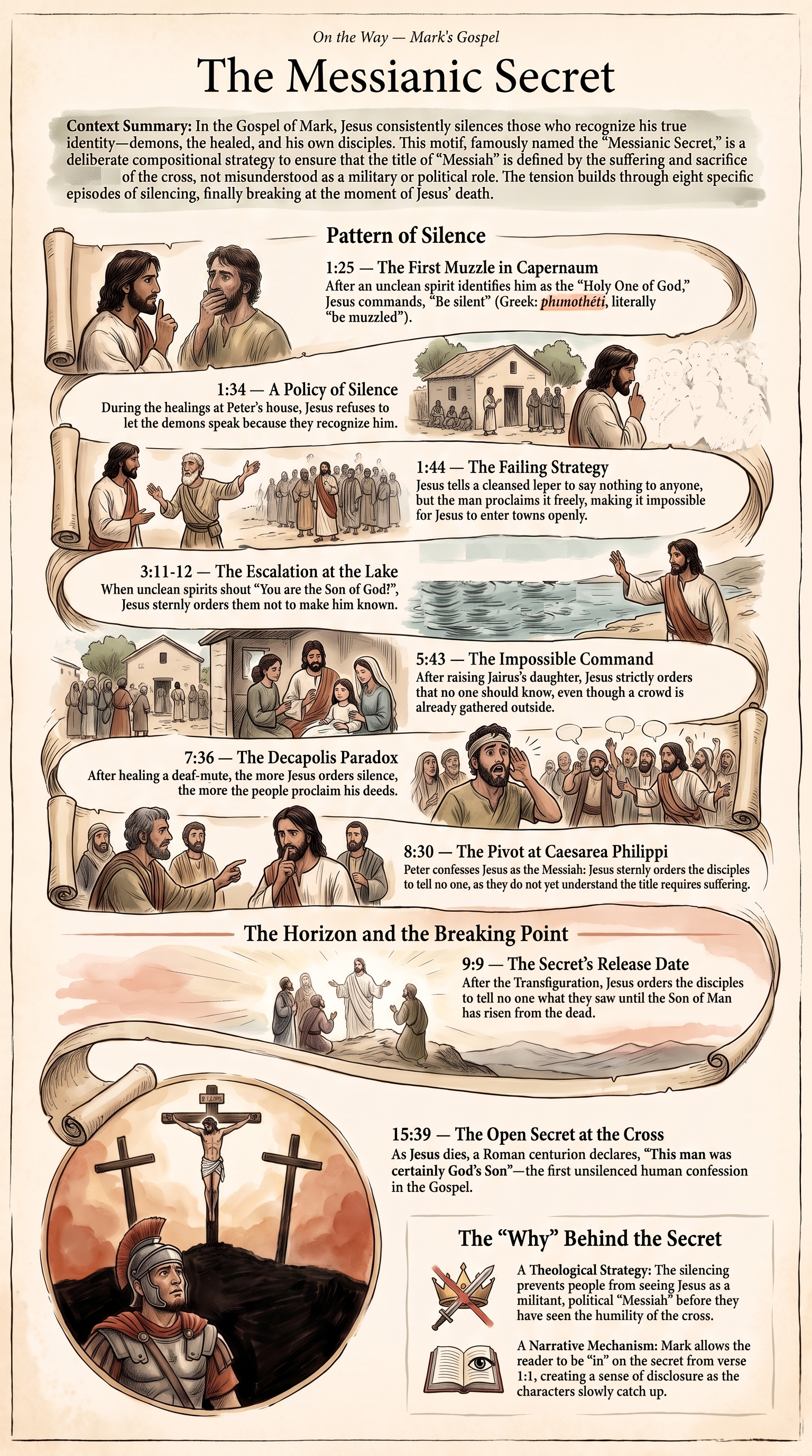 Messianic secret infographic: a timeline of nine silencings across Mark, from 1v25 to 9v9, ending with the pattern breaking at the centurion's confession in 15v39.
