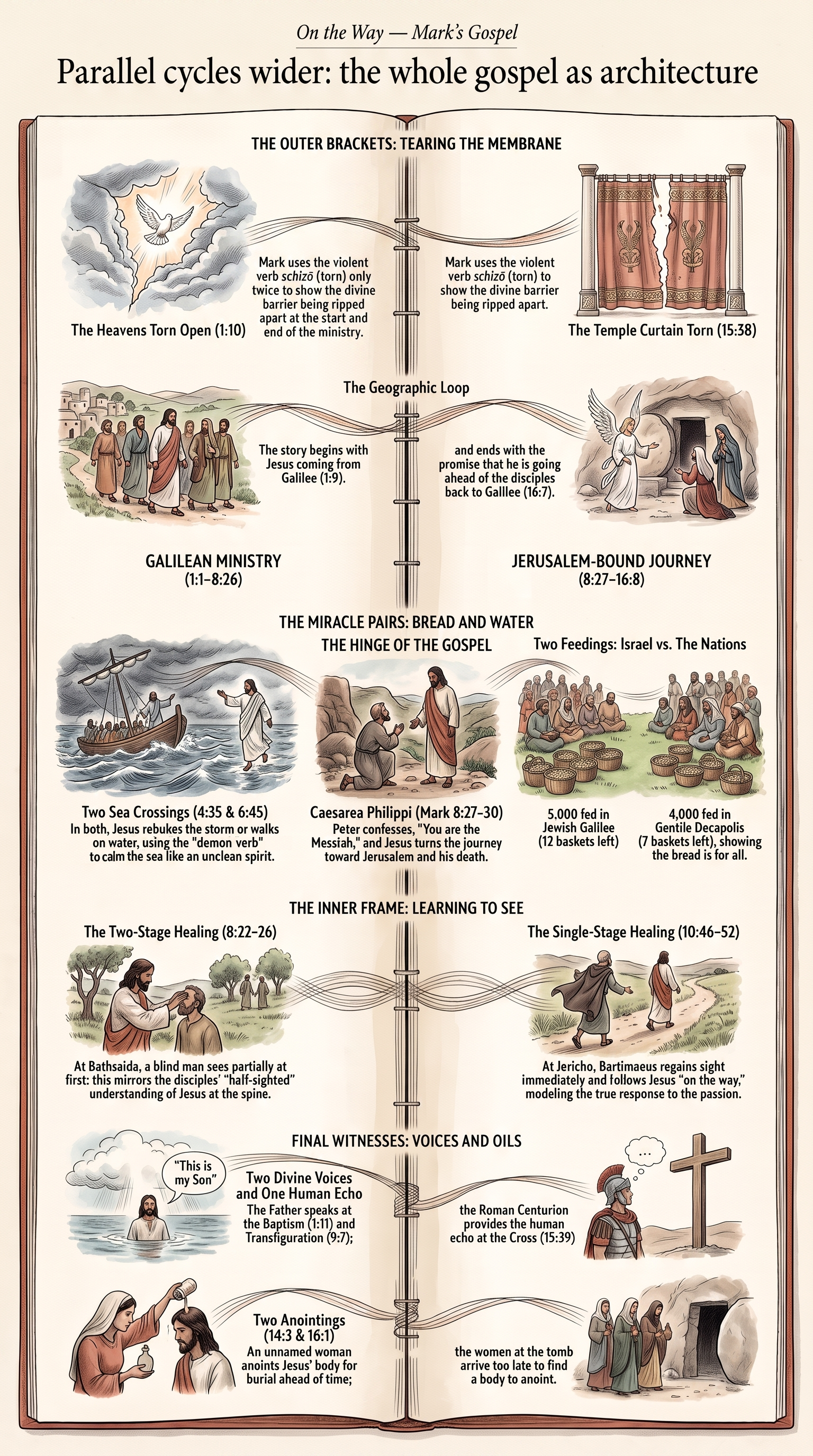 Parallel cycles infographic: Mark's Gospel laid out as two matching halves across the Caesarea Philippi spine, with pairs of feedings, crossings, blindnesses healed, tearings, voices, and anointings running across.